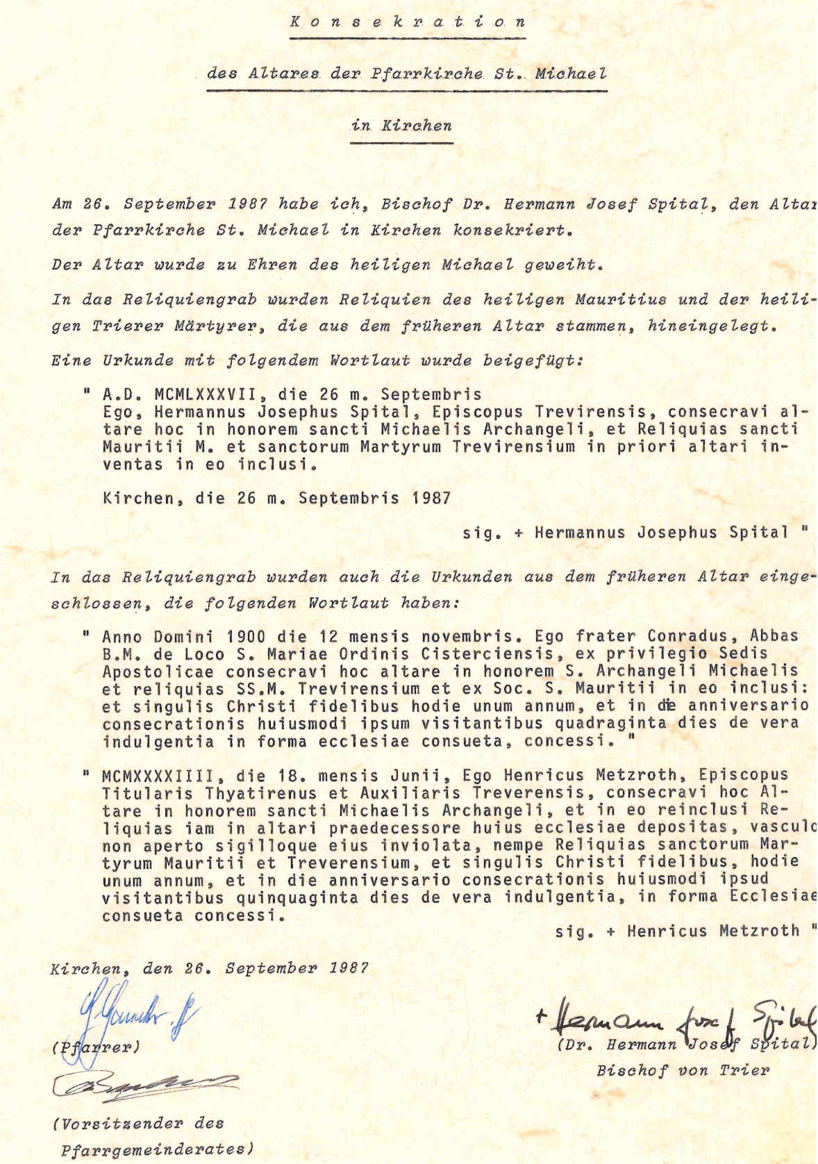 Konsekrationsurkunde Volksaltar St Michael